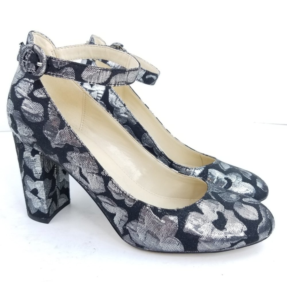 Marc Fisher Ion3 Size 8M Metallic Floral Ankle Strap Chunk Heel Ankle Strap Pump